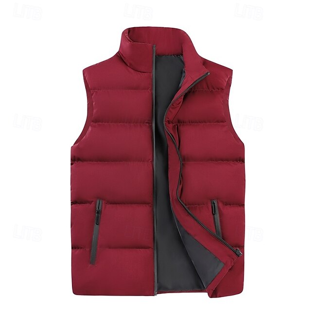 Men's Puffer Vest Vest Gilet Quilted Vest Daily Date Vacation Fashion Casual Fall & Winter Buttons Pocket Polyester Thermal Warm Comfortable Plain Zipper Stand Collar Regular Fit Black Burgundy Khaki #10290541