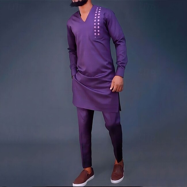 Men's Loungewear Nightgown Nightshirt Sets 1 set Plain Stylish Comfort Home Daily Polyester Breathable V Neck Long Sleeve Spring Fall Purple #19329991