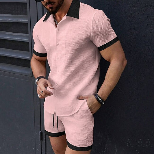 Men's T-shirt Suits 2 Pieces Outfits Tee & Shorts Plain Lapel Vacation Daily Wear Short Sleeve Patchwork 2 Piece Clothing Apparel Polyester Fashion Casual #11113474