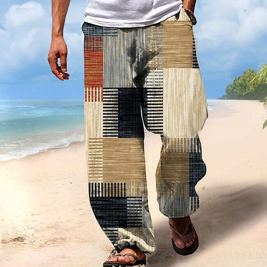 Men's Trousers Summer Pants Beach Pants Drawstring Elastic Waist 3D Print Stripe Graphic Prints Geometry Comfort Casual Daily Holiday Streetwear Hawaiian Yellow Blue #9578573