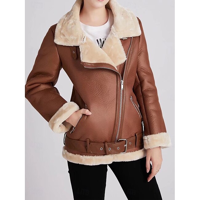 Women's Faux Leather Jacket Winter Coat Winter Jacket Windproof Warm Patchwork Fashion Solid Color Street Casual Daily Regular Turndown Regular Fit Long Sleeve Outerwear Black Brown Fall Winter #12506486