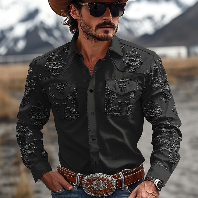 Men's Floral Western Shirt Cowboy Shirt Long Sleeve Western Sport Spring Fall Turndown Patchwork Black #10020732