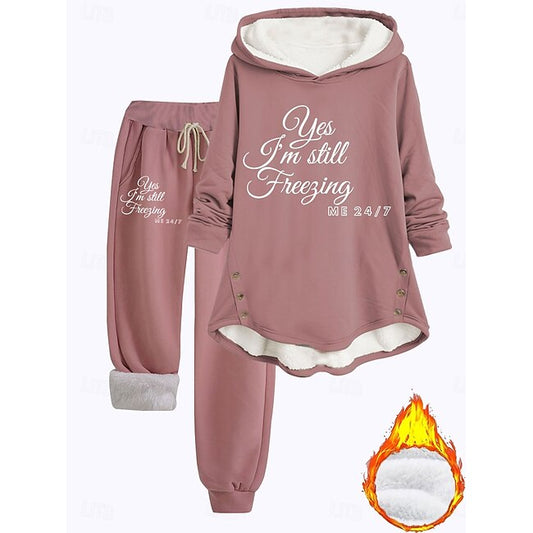 Women's Fluffy Pyjama Set Long Sleeve Top and Pant Text Print Comfort Casual Home Wear Drawstring Solid Cozy Winter #15194944