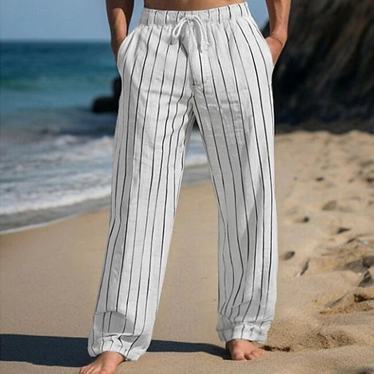 Men's Linen Pants Trousers Summer Pants Beach Pants Drawstring Elastic Waist Straight Leg Stripe Comfort Breathable Full Length Casual Daily Holiday Vacation Fashion Black White #18706958