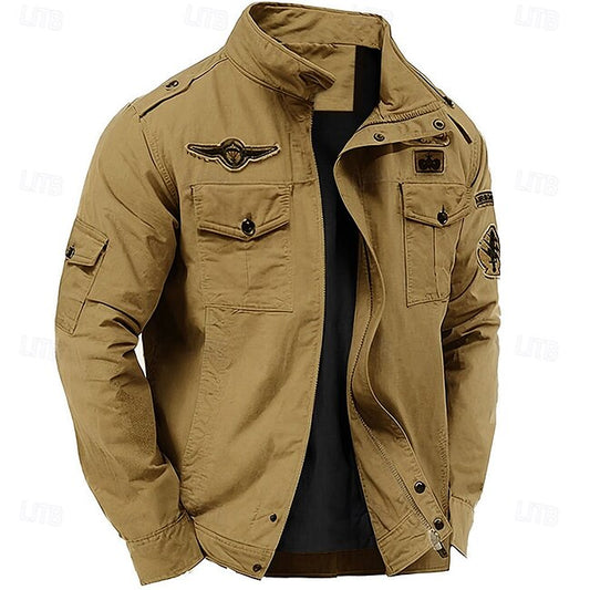 Men's Cotton Embroidered Military Jacket Cargo Jacket with Shoulder Straps Long Sleeve Standing Collar Multi-Pockets Coat Trucker Jacket Tactical Outerwear #15386159