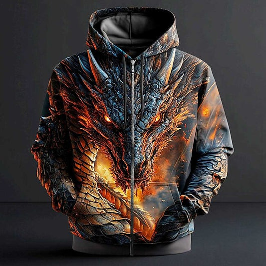 Men's Dragon Hoodies Hoodie Hooded Sweatshirt Hooded Fashion 3D Print Vacation Going out Streetwear Black Zipper Drawstring Fall Winter Designer #17543786