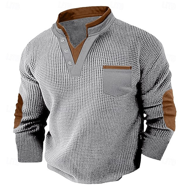 Men's Waffle Tee Waffle Henley Shirt Solid Color V Neck Street Casual Long Sleeve Fake two piece Clothing Apparel Fashion Basic #11334311