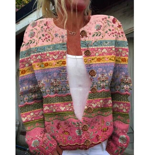 Women's Sweater Cardigan Daily Floral Graphic Crew Neck Print Long Sleeve Regular Tops Knit Weekend Pink Fall Winter #10517988