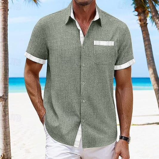 Men's Shirt Linen Shirt Summer Shirt Beach Wear Summer Hawaiian Shirt Button Up Shirt Solid Color Vacation Curise Blue Green Dark Gray Short Sleeve Fold-over Collar Spring & Summer Clothing Apparel #16704696