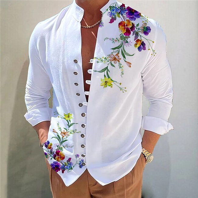 Men's Dark Shirt Aloha Shirt Long Sleeve Fashion Designer Casual Vacation Daily Going out Fall Autumn / Fall Spring & Summer Stand Collar Print Black Yellow Black / Red Army Green Red #9552449