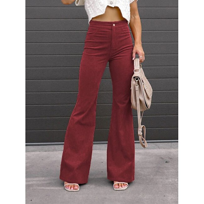 Women‘s Bell Corduroy Flare Pants Bottom Trousers Full Length Pocket High Waist Fashion Streetwear Xmas Wine Black S M Winter Autumn Fall #9685212