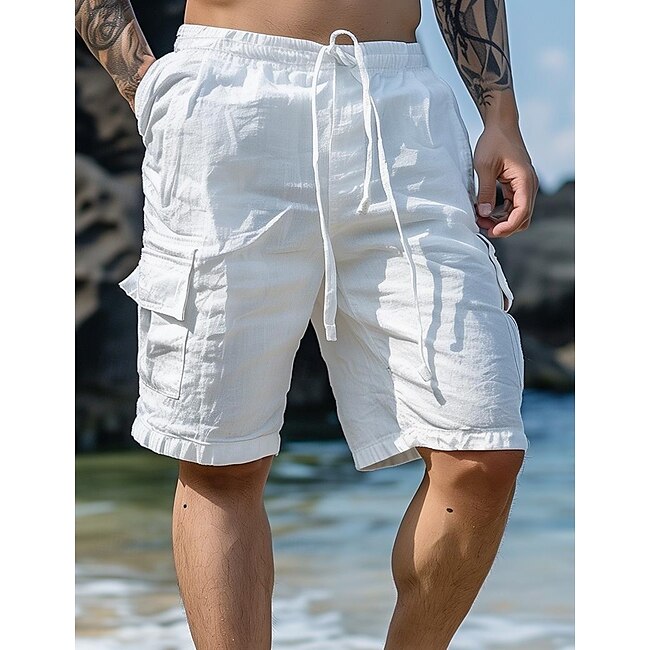 Men's Shorts Linen Shorts Summer Shorts Beach Shorts Drawstring Elastic Waist Multi Pocket Plain Knee Length Outdoor Beach Hawaiian Casual ArmyGreen Black Inelastic #19862435