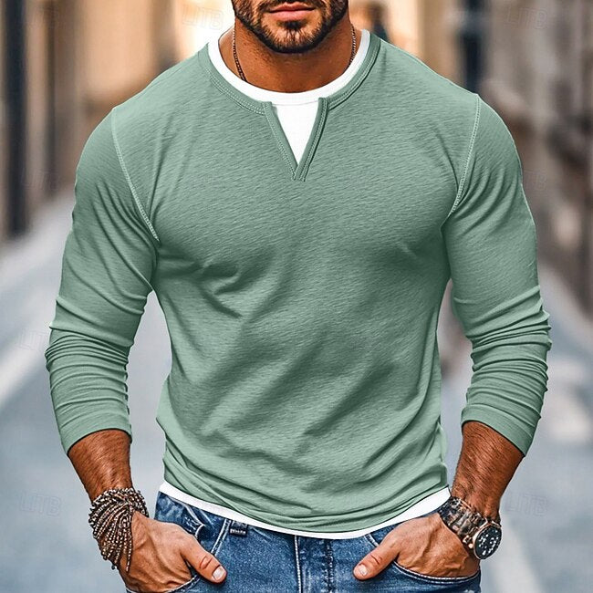 100% Cotton Men's T-Shirt V Neck Tee Long Sleeve Shirt Solid Color V Neck Outdoor Street Long Sleeve Fake two piece Cotton Tee Daily Casual Street Style #18163459