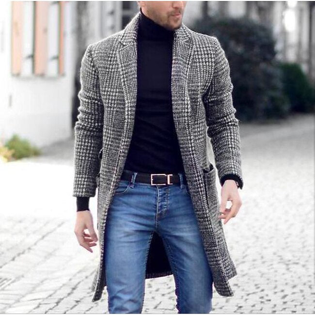 Men's Winter Coat Overcoat Business Casual Fall Winter Polyester Outerwear Clothing Apparel Houndstooth Notch lapel collar Open Front #8212537