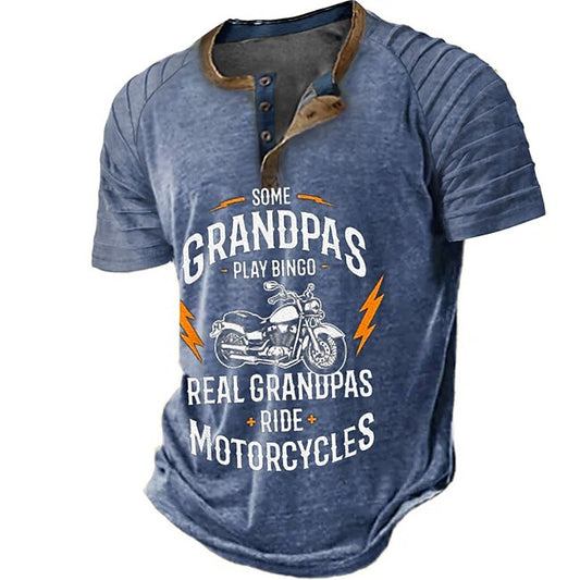 Father's Day papa shirts Motorcycle Vintage Mens 3D Shirt For Birthday | Brown Summer Cotton | Henley Raglan Letter Graphic Prints Clothing Apparel Outdoor Daily Short Sleeve Patchwork Pleats Fashion #9586284