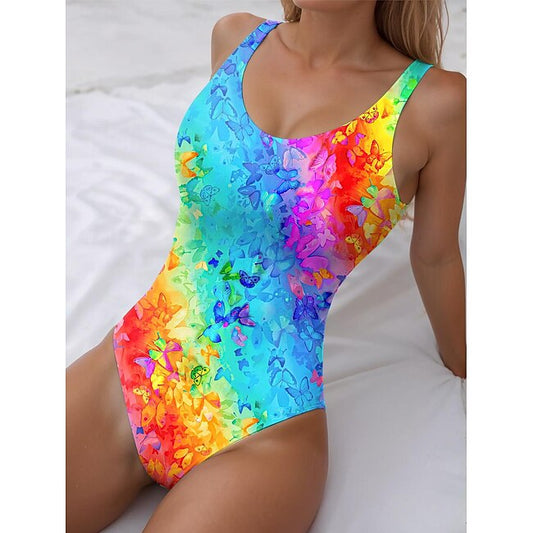 Women's One-Piece Swimsuit Multicolor Butterfly Print Sleeveless Scoop Neck Stretch Fabric Summer Beachwear Poolside Fashion Vibrant Swimwear Available in Multiple Sizes #14718455