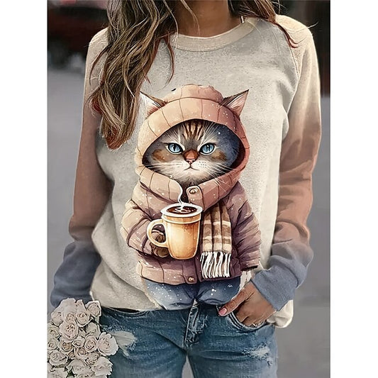 Women's Sweatshirt Cat Street Dailywear Print Casual Crew Neck Long Sleeve Micro-elastic Fall Winter Comfrt Breathable Soft Fabric #15352071