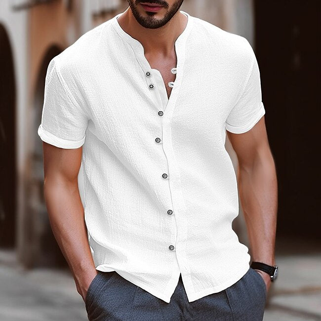 Men's Shirt Linen Shirt Band Collar Shirt Summer Shirt Beach Wear Button Up Shirt Plain Casual Daily Black White Blue Khaki Short Sleeve Band Collar Summer Clothing Apparel #9573542