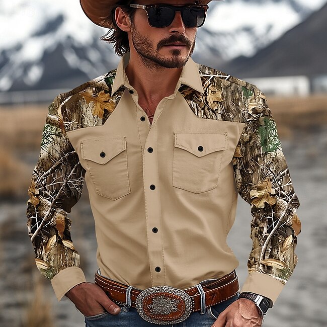 Men's Color Block Camo Western Shirt Cowboy Shirt Long Sleeve Western Casual Causal Spring Fall Turndown 2 Pockets Brown Green Beige Gray #12176951