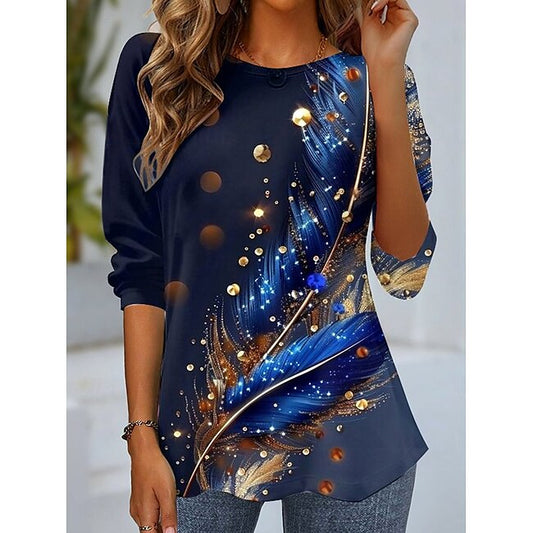 Women's T Shirt Casual Print Long Sleeve Regular Tops Crew Neck Daily Blue Purple Green Spring Fall #10336857