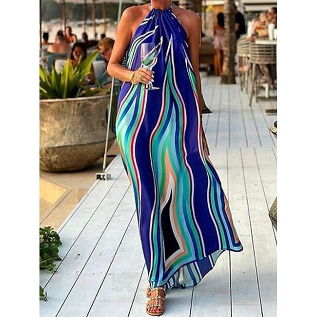 Women's Normal Boho Chic Dresses Bohemia Graphic Maxi Dress Sleeveless Halter Neck Patchwork Regular Fit Beach Blue Summer #10770834